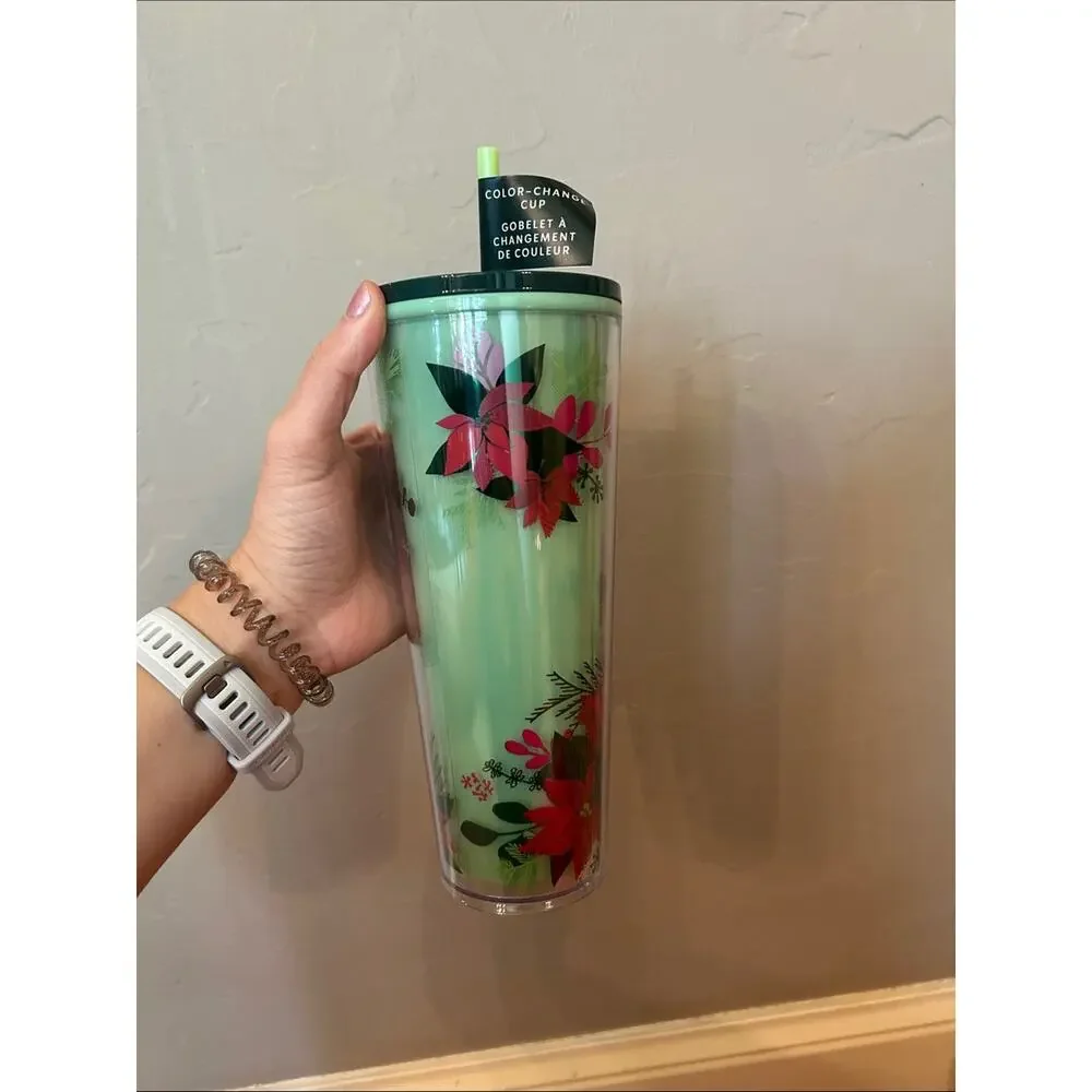 Starbucks Holiday Mint Green Tumbler with Red Floral Design